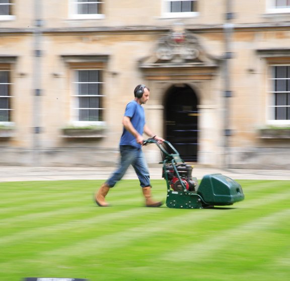 Gardener mowing lawn