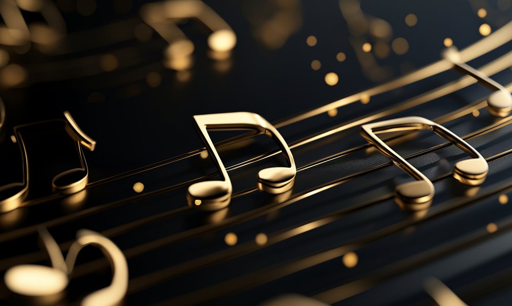 Gold music notes on black background