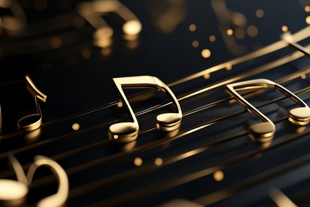 Gold music notes on black background