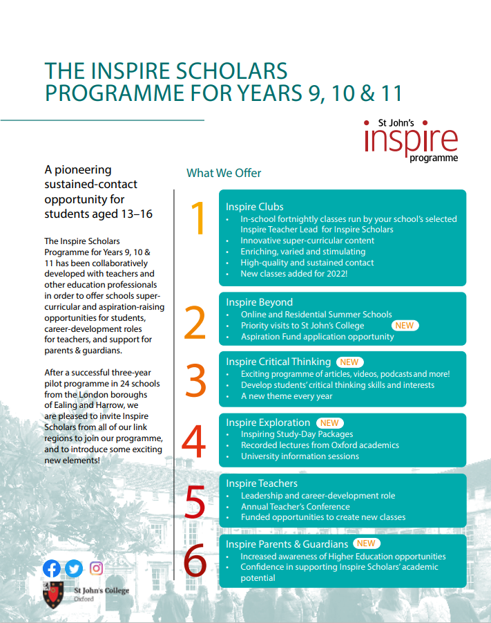 An informative flyer explaining the Inspire Scholars Programme for Years 9,10&11.