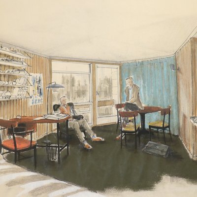 Beehive, architect's visualisation of a study bedroom 1957