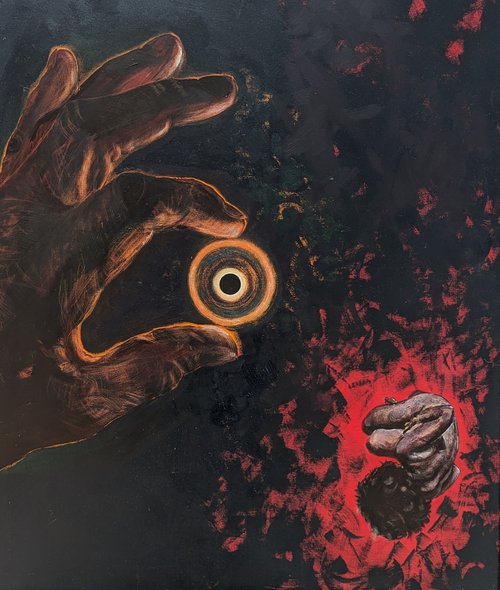 A painting featuring a hand holding a golden disk on the left and a figure surrounded by bright red pigment curled up in the foetal position on the right.