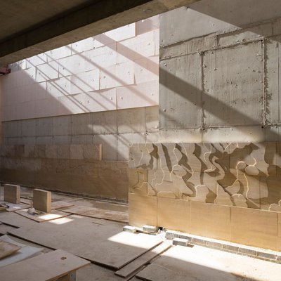 Study Centre Oct 17 interior stonework by Susanna Heron being installed