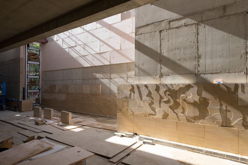 Study Centre Oct 17 interior stonework by Susanna Heron being installed